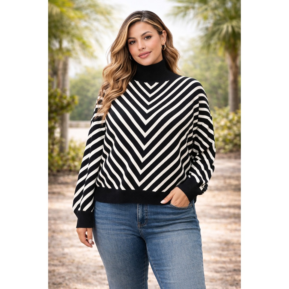 NY & Co Women's 1X Chevron Mock Neck Sweater Black White Soft Knit Pullover